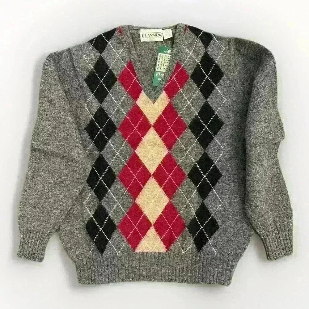 Vintage Sears Classic Mens L 100% Shetland Wool Gray Black Argyle V-Neck Sweater